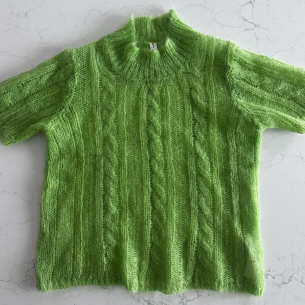 Anthropologie Lime Green Cable Knit Mock Neck Sweater Tee